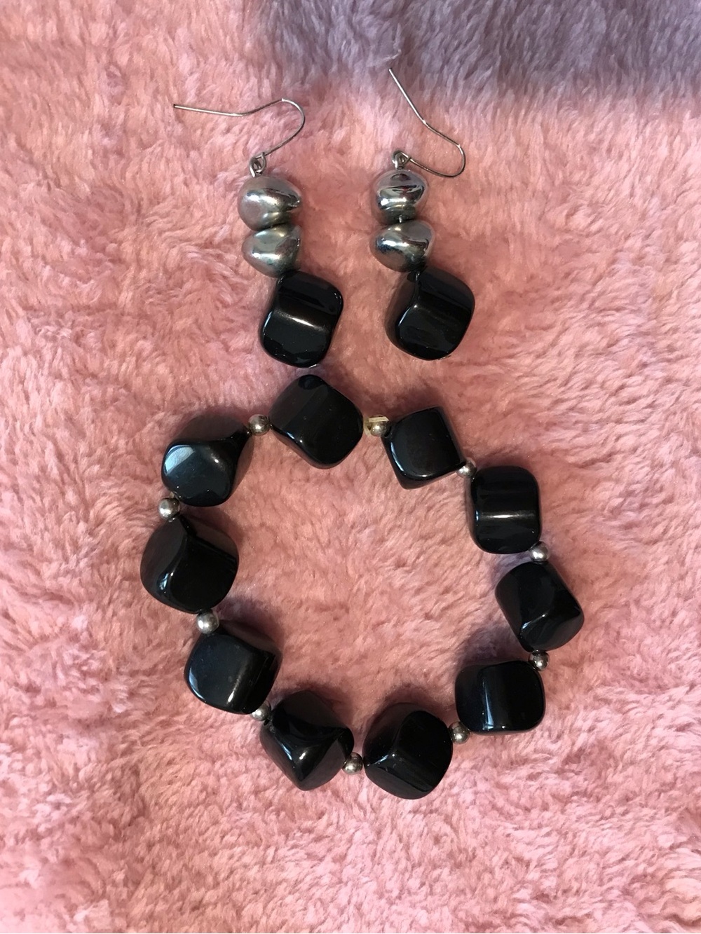 Black Bead Drop Earrings and Bracelet Set - Women Jewelry